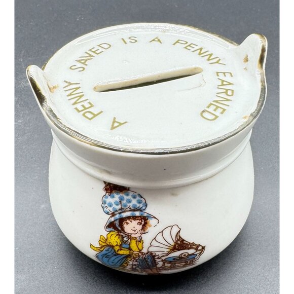 Vintage 1976 Ceramic Penny Bank Pot With Lid "A Penny Saved Is A Penny Earned" - Picture 1 of 7